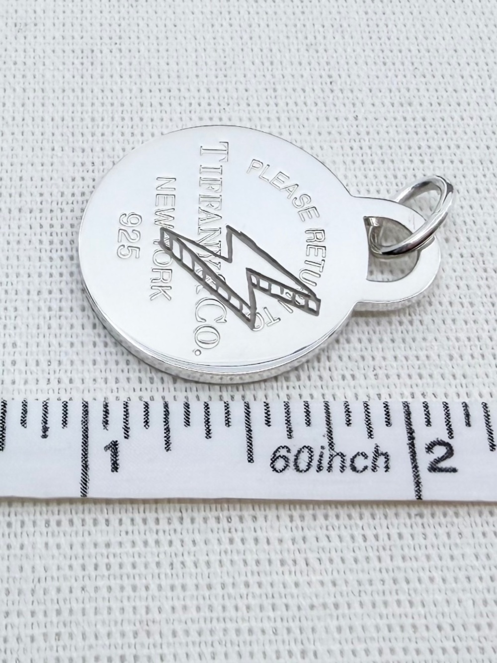 Tiffany & Co. LARGE Etched Lightening Bolt Round Tag Charm Silver - Picture 5 of 5